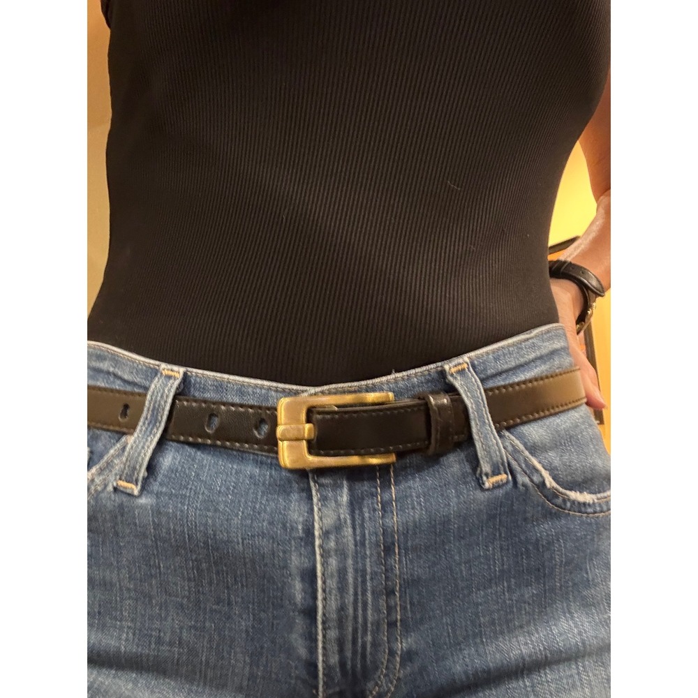 Black Faux Leather Skinny Belt Gold Tone Buckle Narrow Waist Belt S Small